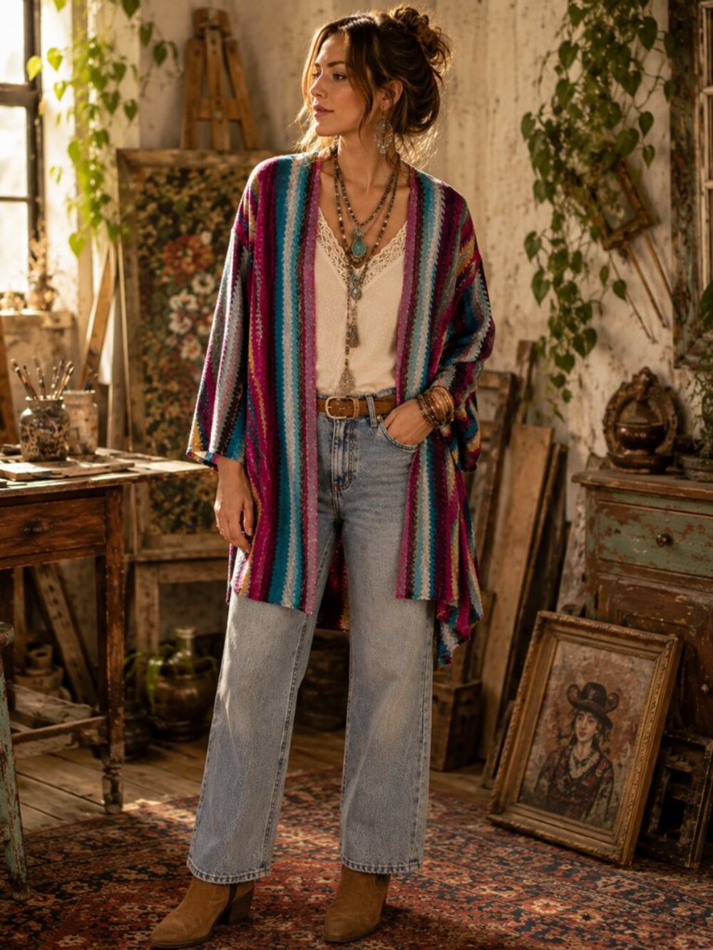 Now N Forever Kimono Top Womens 1X Colorful Floral Open Front Boho Artsy Short